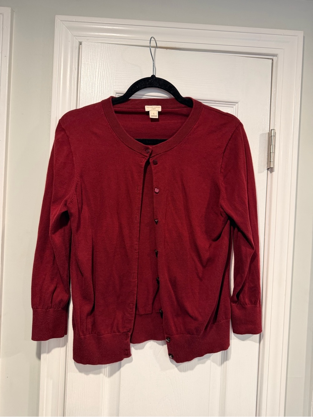 J. Crew Size L Burgundy Cotton Crew Neck 3/4 Sleeve Button Clare Cardigan
